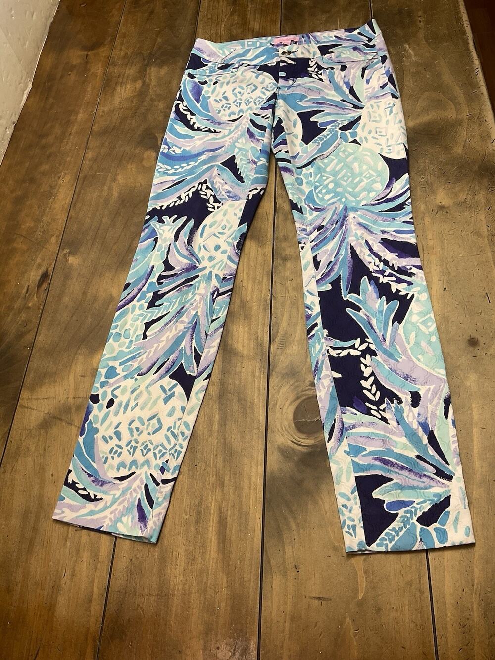 Lilly Pulitzer Pants Womens Size 00 Blue Pineapple Print Kelly Skinny Ankle